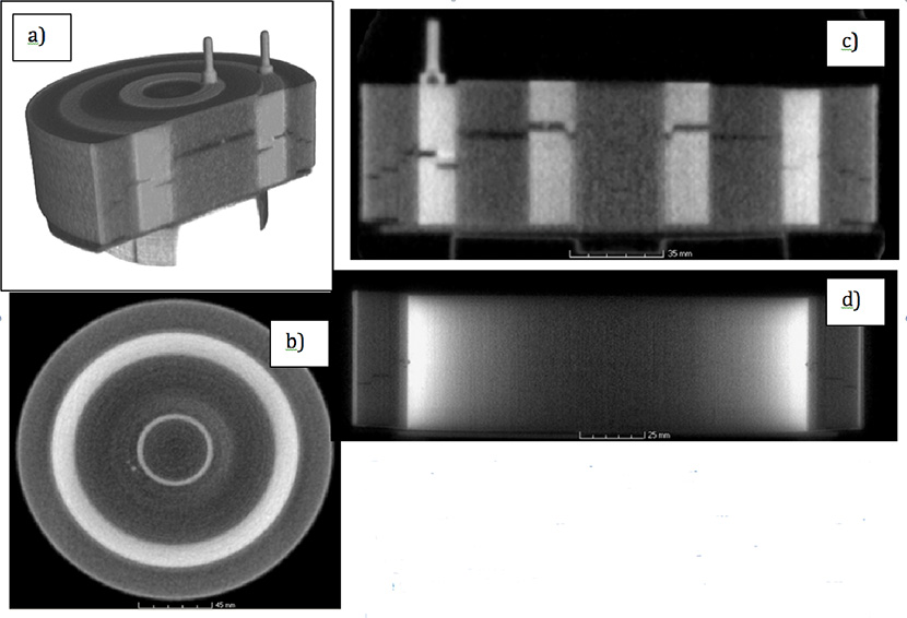 Figure 5. Three-dimensional reconstruction of the neutron CT experiment (a). Slices taken from the reconstruction (b and c) illustrate the details that can be observed. A similar slice (d) obtained using a 15 MeV X-ray source (Inner ring removed to reduce thickness and no BBs) shows the comparative advantage of neutron imaging (c) for low Z materials within high Z structures.